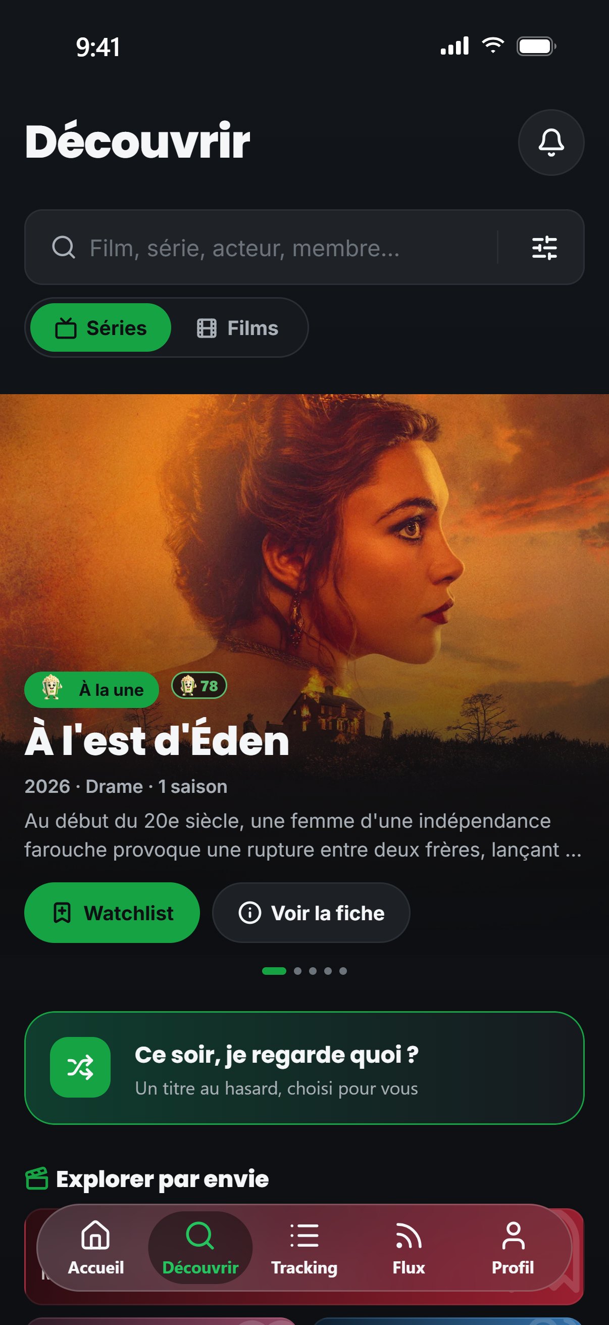 Écran Découvrir de Seenary avec la recherche, une série à la une et le tirage du soir